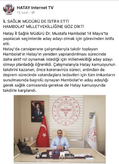 Hatay Sağlık İl Müdürü milletvekilliği için istifa etti. Hatay’da depremde eski devlet hastanesi yıkılıp 72 kişiye mezar olmuştu