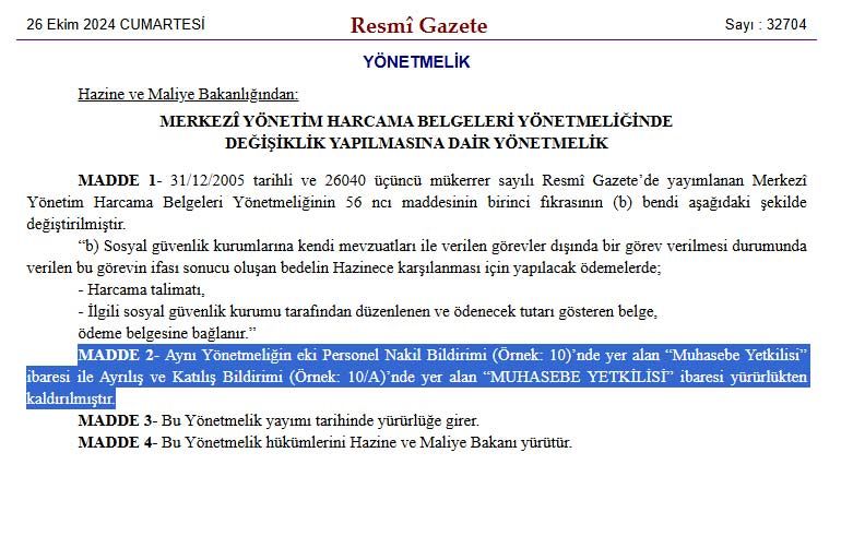 Personel nakillerinde muhasebe yetkilisinin onay yetkisi kaldırıldı