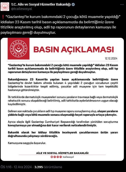 Bakanlık 'koruma altındaki 2 çocuğa kötü muamele' iddiasını yalanladı